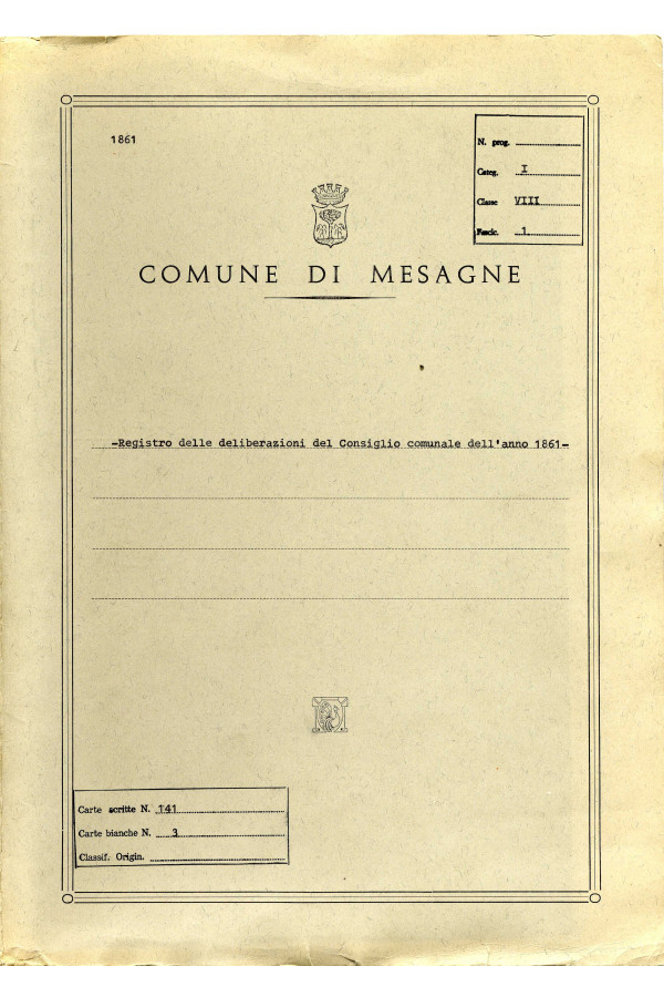 BUSTA 1 CAT I CLASSE VIII FASCICOLO 1 ANNI 1861 1869 SERIE N 16 REG N 1 REG A 1861 TIPO Cartellina