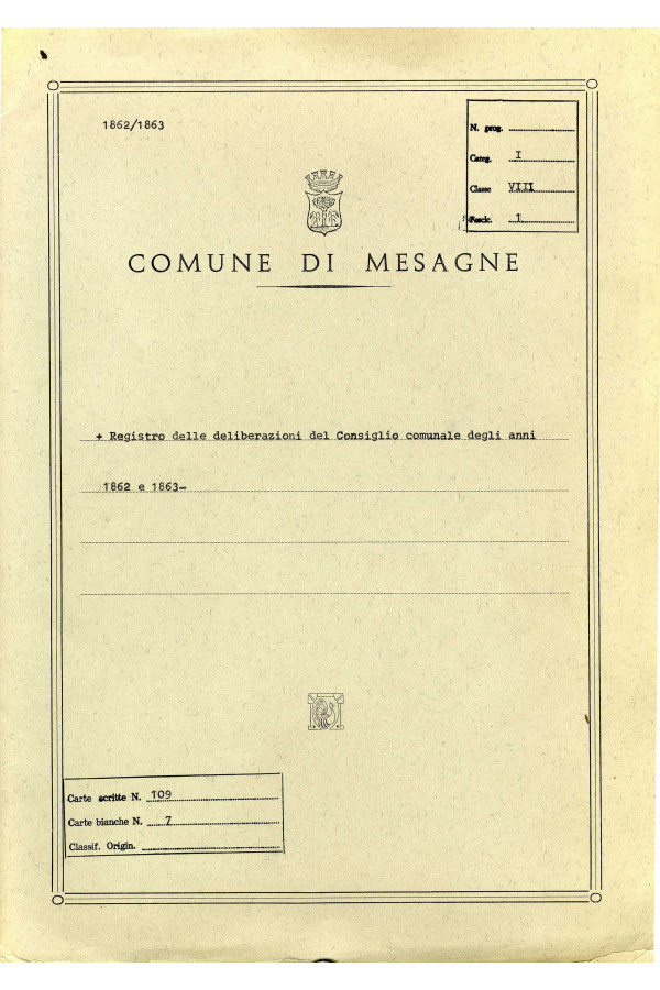 BUSTA 1 CAT I CLASSE VIII FASCICOLO 1 ANNI 1861 1869 SERIE N 16 REG N 2 REG A 1862 1863 TIPO Cartellina