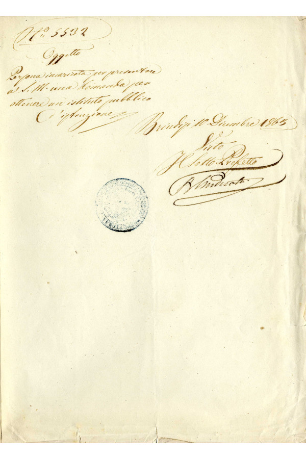 BUSTA 1 CAT I CLASSE VIII FASCICOLO 1 ANNI 1861 1869 SERIE N 16 REG N 3 REG A 1863 1865 PAGINA Senza numero TIPO Copia 005