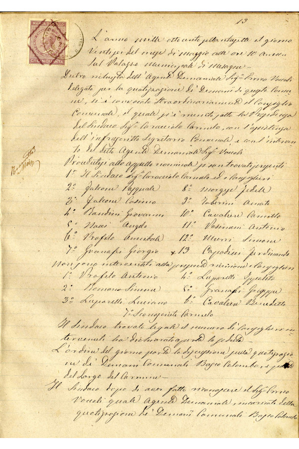 BUSTA 3 CAT I CLASSE VIII FASCICOLO 1 ANNI 1876 1883 SERIE N 16 REG N 14 REG A 1876 1879 PAGINA 13 R TIPO Foglio Interno 002