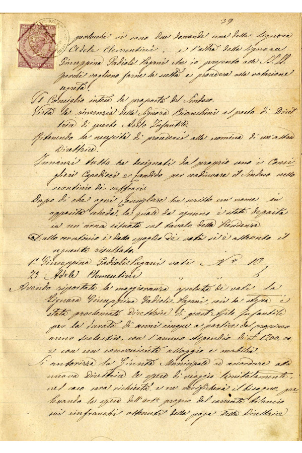 BUSTA 3 CAT I CLASSE VIII FASCICOLO 1 ANNI 1876 1883 SERIE N 16 REG N 14 REG A 1876 1879 PAGINA 39 R TIPO Foglio Interno 002