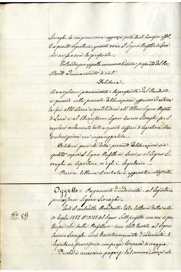 BUSTA 3 CAT I CLASSE VIII FASCICOLO 1 ANNI 1876 1883 SERIE N 16 REG N 16 REG A 1882 1883 PAGINA 52 V TIPO Foglio Interno