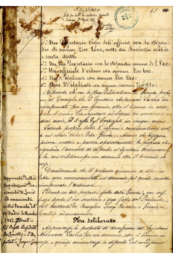 BUSTA 3 CAT I CLASSE VIII FASCICOLO 1 ANNI 1876 1883 SERIE N 16 REG N 16 REG A 1882 1883 PAGINA 61 R TIPO Foglio Interno